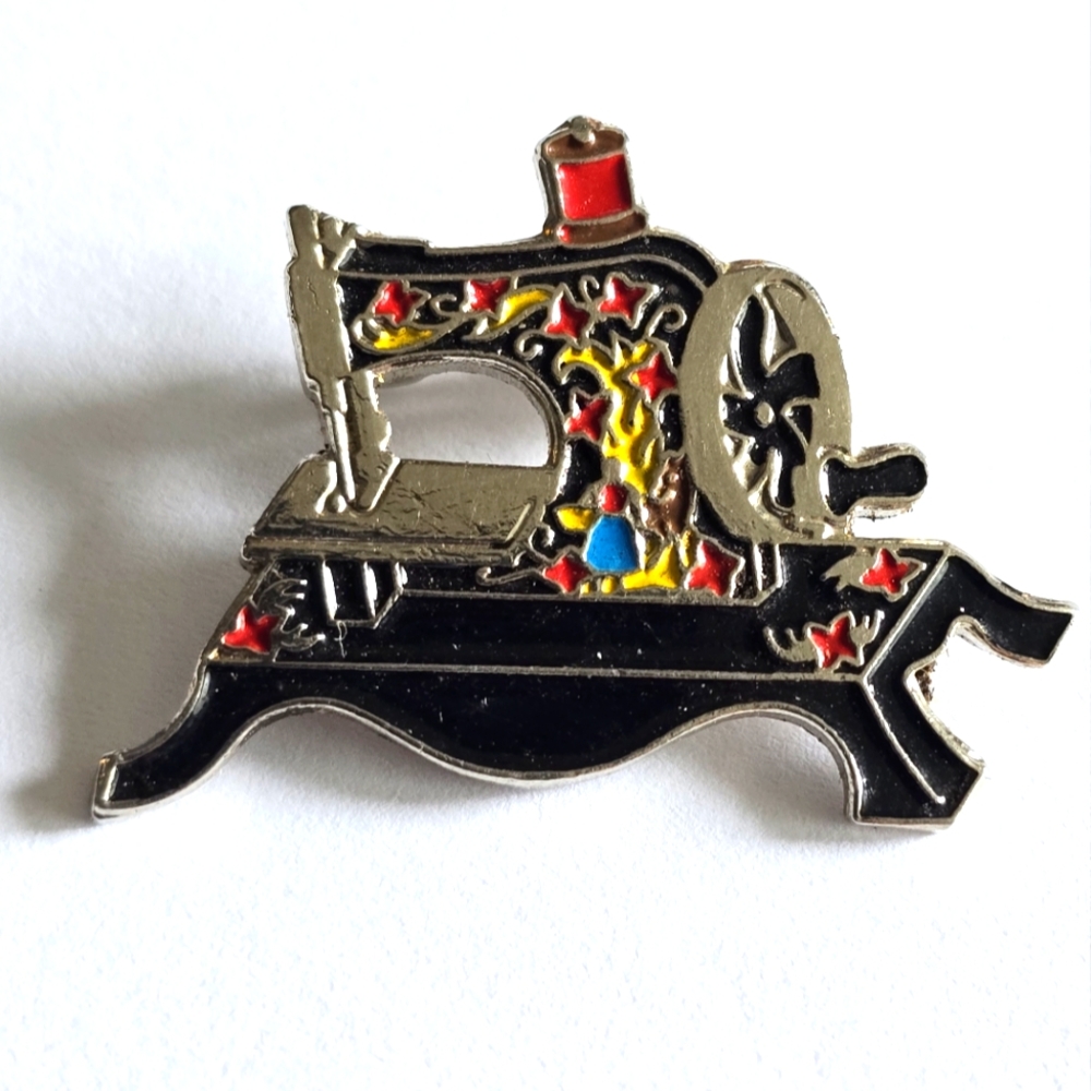 Vintage pin Clotilde Antique Sewing Machine with Floral Designs Lapel Enamel